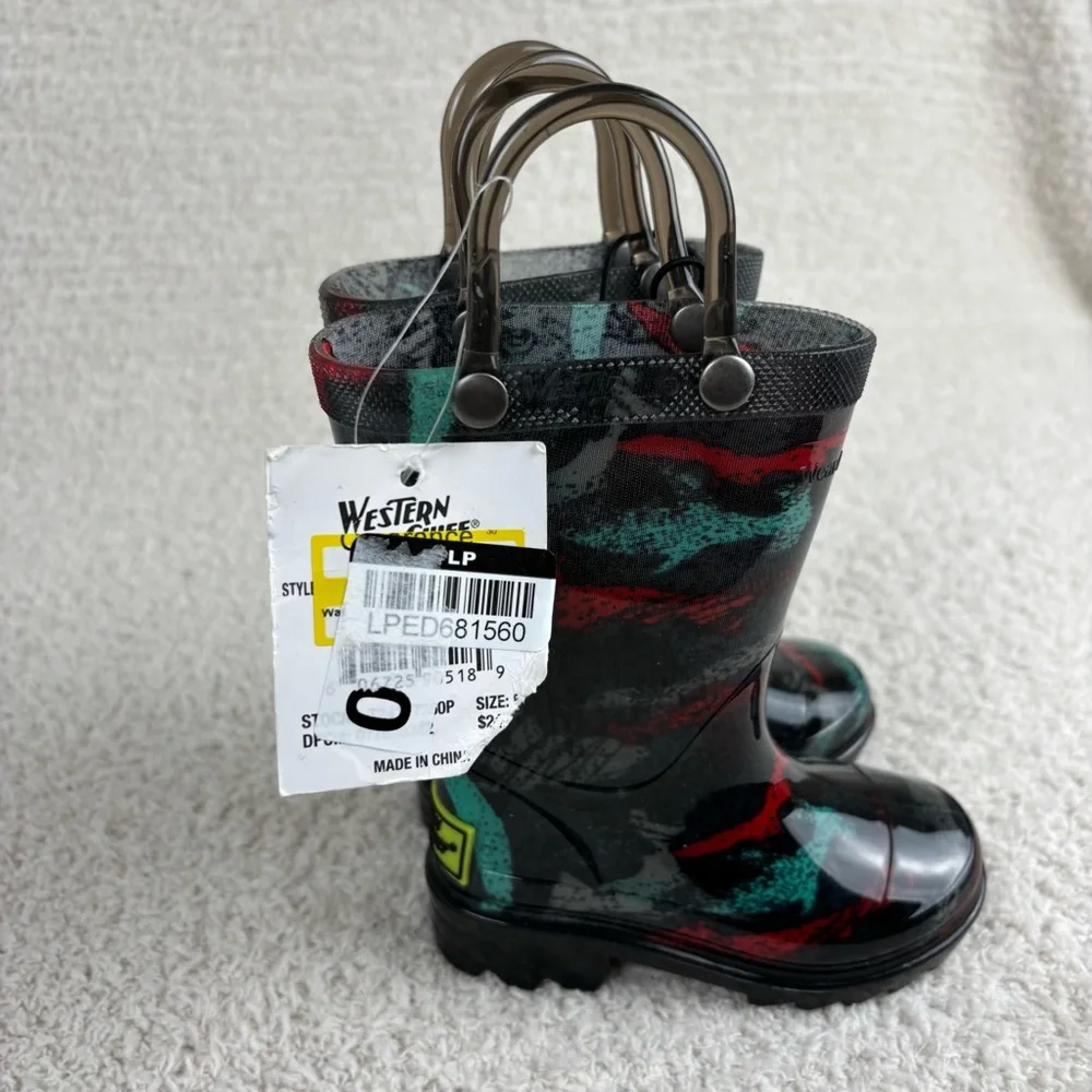 Western Chief Boots Toddler Boys 5 Black Multi Deep Water Light‎ Up Rain Boots
